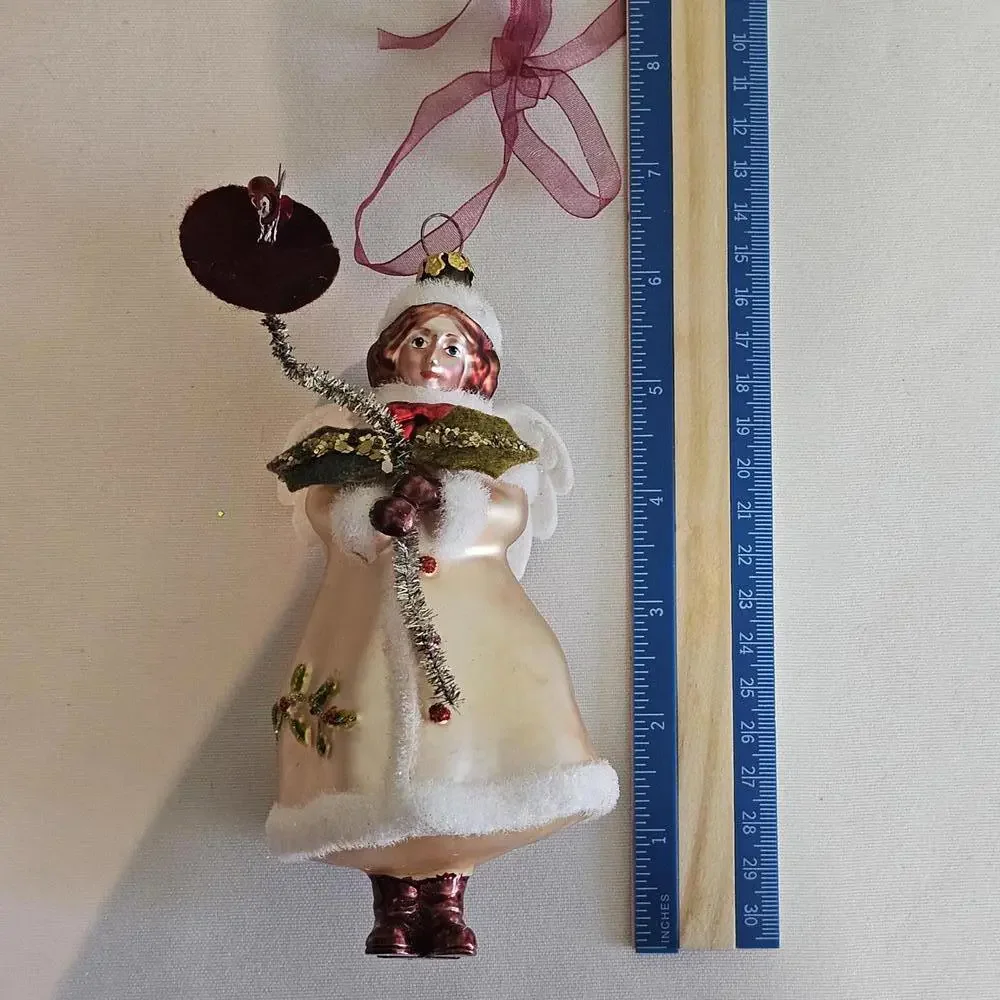Antique Vintage Blown Glass Ornament Hand Painted Angel Girl Coat Floral RARE - Picture 8 of 8